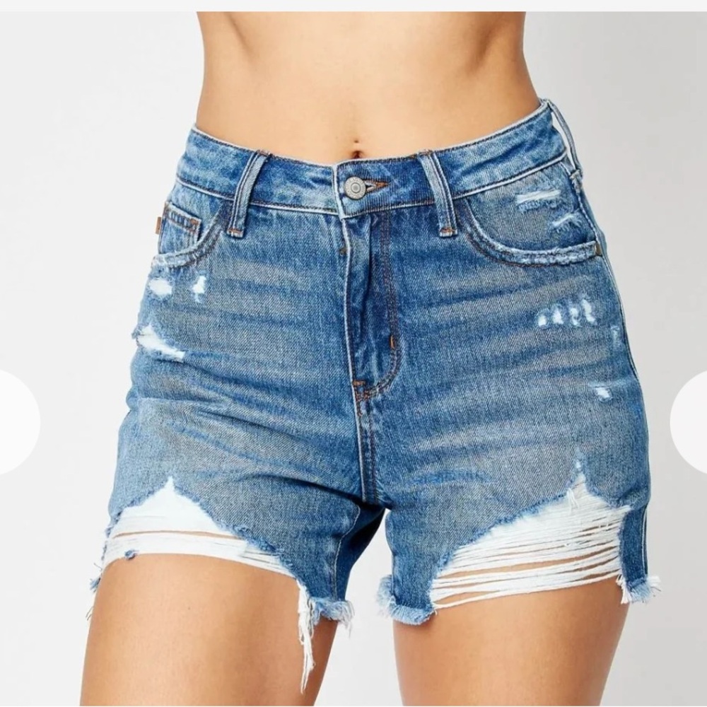 Judy Blue Danielle High Rise  Rigid Magic Ripped and Fray Hem Denim Shorts